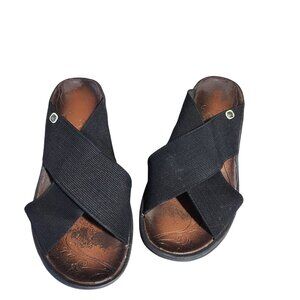 Bzees Black Criss-Cross Slide Sandals With Wedge Heel & Textured Sole